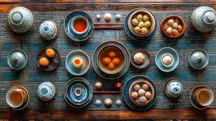 Overhead view of a meticulously arranged dim sum feast. Various dumplings, tea, and elegant tableware create a visually stunning experience.