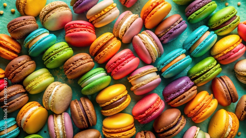 Poster a vibrant array of colorful macarons, meticulously arranged on a turquoise background, showcasing a 
