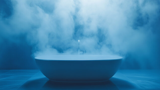 Delikatna para unosząca się z przestronnej wanny w spokojnej łazience o błękitnych tonacjach, tworząc atmosferę relaksu i wyciszenia.