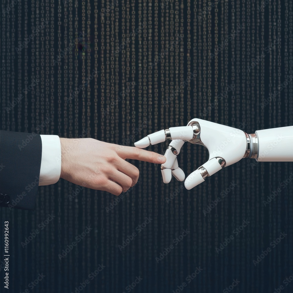 Poster human and robot interaction symbolizing future technology connection