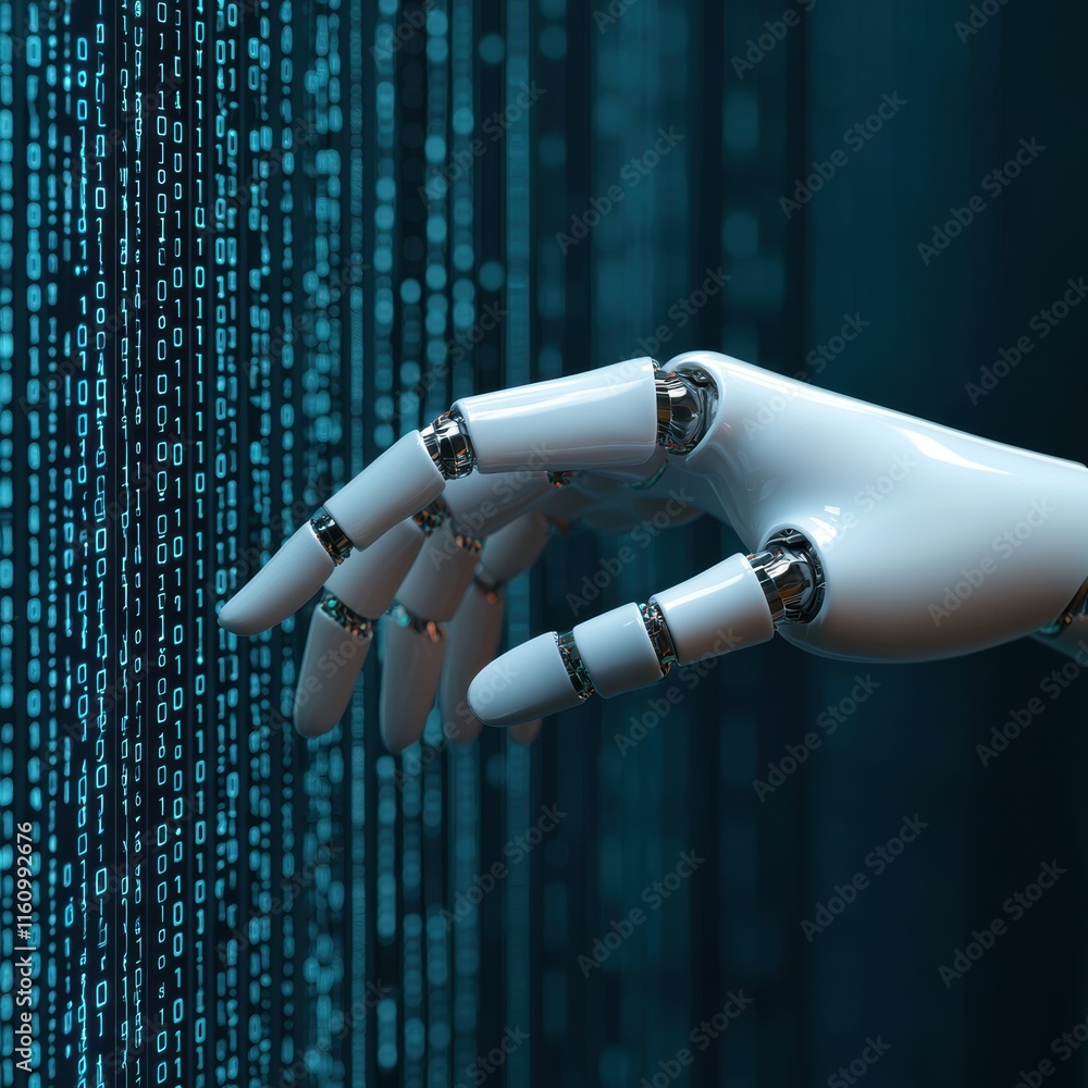 Poster futuristic robotic hand interacting with digital data streams