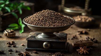 A bundle of anise plants displayed on a vintage scale, with scattered seeds around
