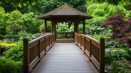 Harmonijny ogr&oacute;d z altaną wśr&oacute;d zieleni, urozmaicony drewnianymi mostkami nad wodą, w spokojnej atmosferze pełnej natury i estetycznej r&oacute;wnowagi.