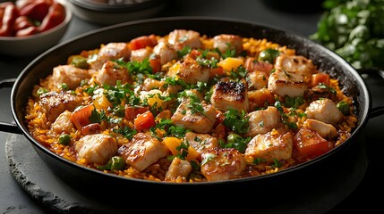 Fototapeta premium A close-up shot of a sizzling Chicken Paella, brimming with succulent chicken pieces and vibrant vegetables. A true taste of Spain!