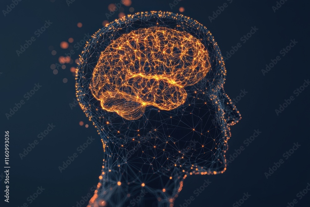 Poster futuristic digital brain visualization with nodes and connections
