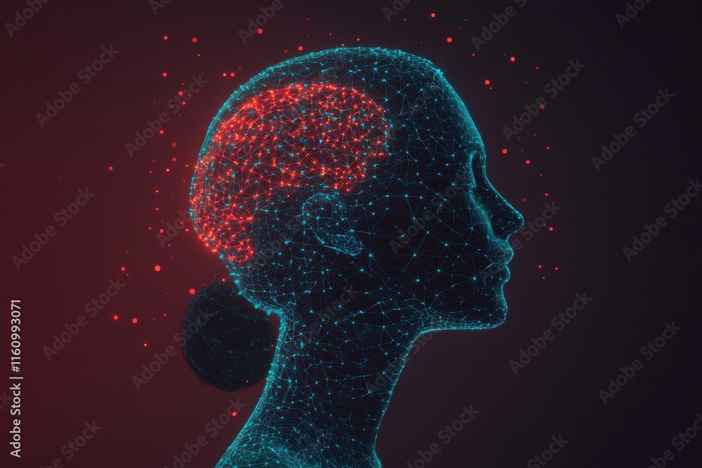 Poster futuristic digital brain representation in profile view with glow