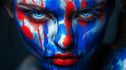 Artystyczne malowanie twarzy z intensywnymi, kontrastującymi barwami niebieskiego i czerwonego, podkreślające kreatywność i indywidualizm.