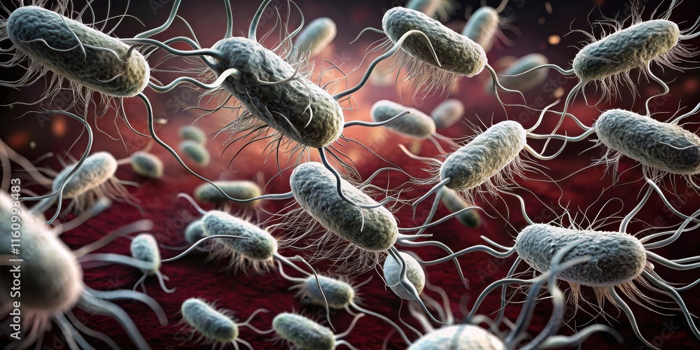 Poster a microscopic view of rod-shaped bacteria with flagella, showcasing their movement and the intricate