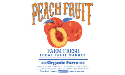 Organic food artwork for for t-shirt. Fruit vintage t-shirt design. Peach art. Summer food poster design. Peach fruit set. Fresh fruit print. Nature fruit club print design.