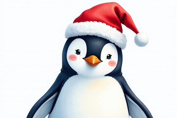 Fototapeta premium watercolor penguin wears festive santa hat unique generative ai