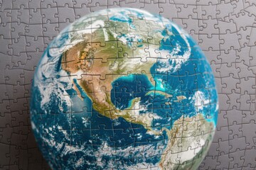 Realistic Puzzle Globe of North America on Gray Background