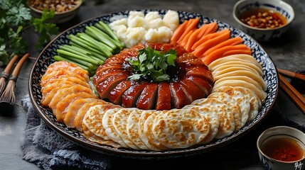 A stunning image of a Peking duck platter, showcasing perfectly roasted duck, complemented by an array of vegetables and pancakes. A true feast for the eyes!
