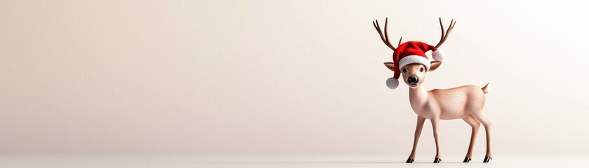 Photorealistic reindeer wearing a red Santa hat in a festive setting with a soft neutral background