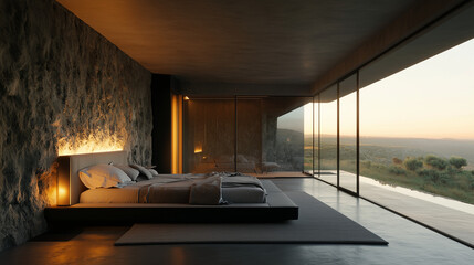 モダンでミニマリストなベッドルームデザイン、床から天井までの大きな窓から見える海の夕日