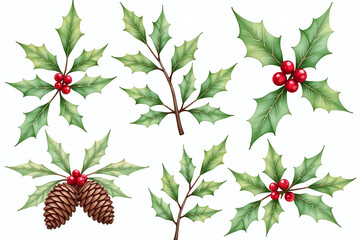 watercolor set features mistletoe holly pine cones crisp white background beautiful delicate