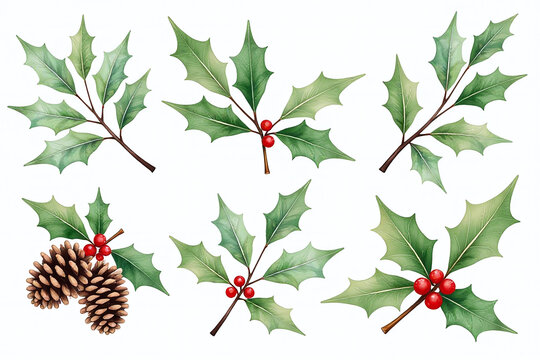 watercolor set features mistletoe holly pine cones crisp white background beautiful delicate