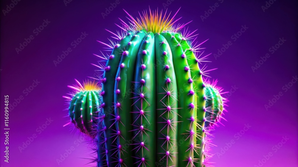 Poster a vibrant green cactus illuminated by ultraviolet light, showcasing its intricate structure and shar