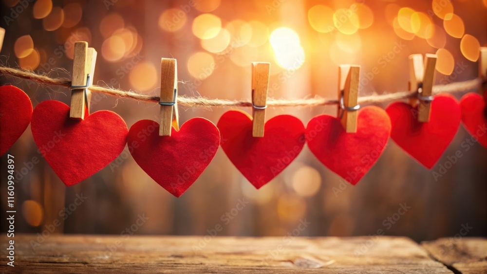 Poster red paper hearts hanging on a clothesline with a warm, bokeh background