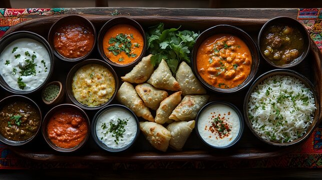 A delectable spread of Indian cuisine. Samosas, various curries, and flavorful dips served with rice. Samosas, Curries, and Dips