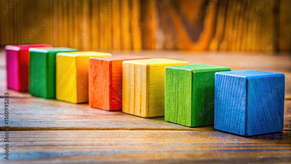 Aufkleber A Row of Colorful Wooden Blocks Arranged in a Linear Pattern on a Natural Wooden Surface