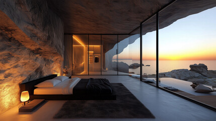 モダンでミニマリストなベッドルームデザイン、床から天井までの大きな窓から見える海の夕日