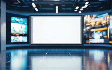 Blank white poster framed in a modern metallic frame, set against a clean backdrop of a large TV screen broadcasting dynamic news graphics