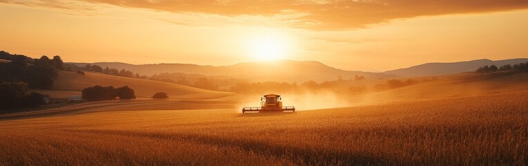 Combine Harvester in Sunset Field During Autumn Harvesting Season