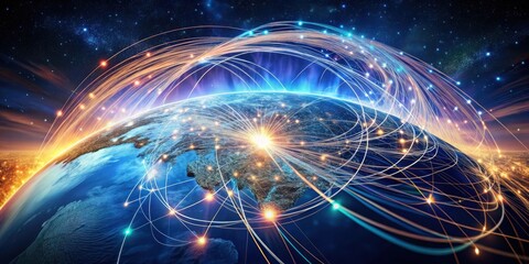 Obraz premium A vibrant blue planet Earth with a radiant core surrounded by interconnected glowing lines symbolizing a global network