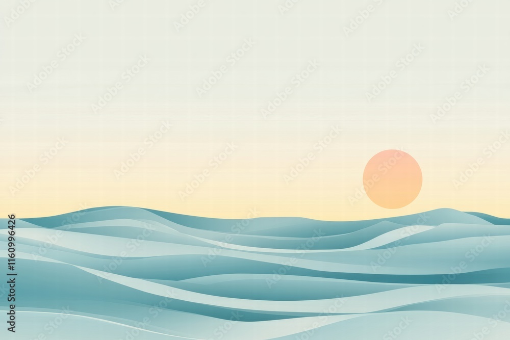 Poster soft waves and stylized sun create a serene horizon landscape for peaceful reflections and creative 