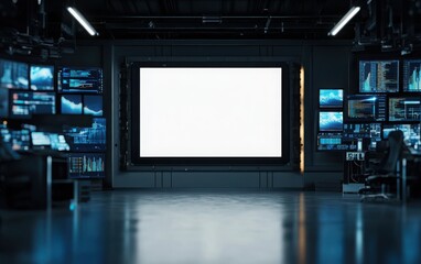 Clean, minimal mock-up of a blank white poster on a high-resolution LED screen in a digital media studio, surrounded by dynamic data visualizations and media graphics
