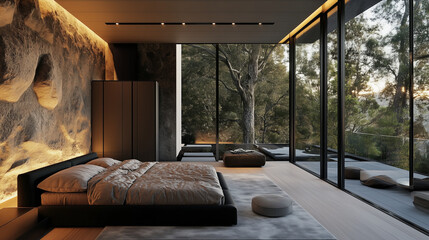 モダンでミニマリストなベッドルームデザイン、床から天井までの大きな窓から見える海の夕日