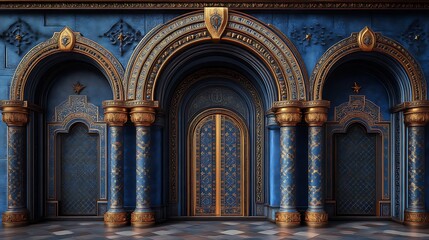 Obraz premium Ornate Blue Palace Entrance with Gilded Columns and Arches