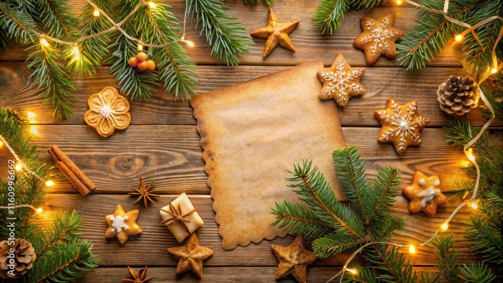 Poster rustic christmas decor with glowing lights and a blank parchment paper for a festive message
