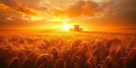 Combine Harvester in Sunset Field During Autumn Harvesting Season