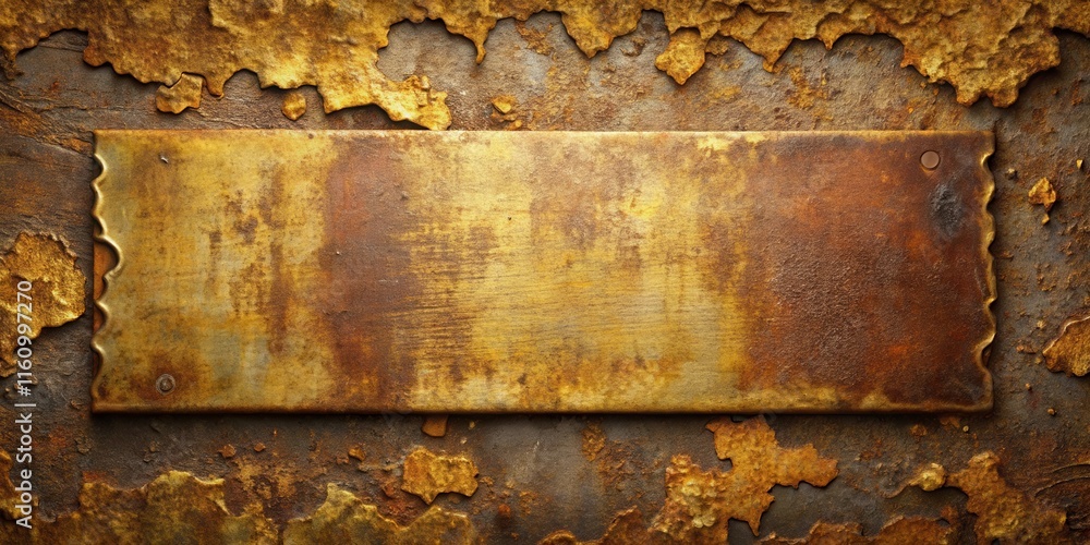 Poster A weathered metal plate with a golden sheen, bordered by a rusty background with peeling paint and irregular patterns