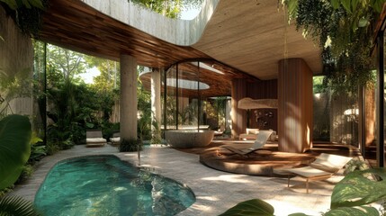 A contemporary eco-hotel with sustainable materials and open-air architecture in a rainforest setting