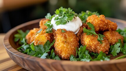 Fototapeta premium Golden-fried courgette fritters with a dollop of sour cream, served on a wooden platter, surrounded by fresh parsley