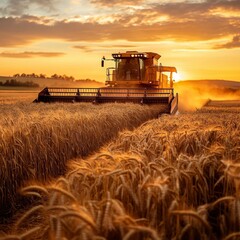 Obraz premium Combine Harvester in Sunset Field During Autumn Harvesting Season