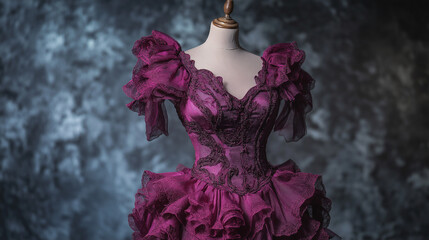 Obraz premium Elegantes Abendkleid mit Rüschendetails in tiefem Burgunderrot