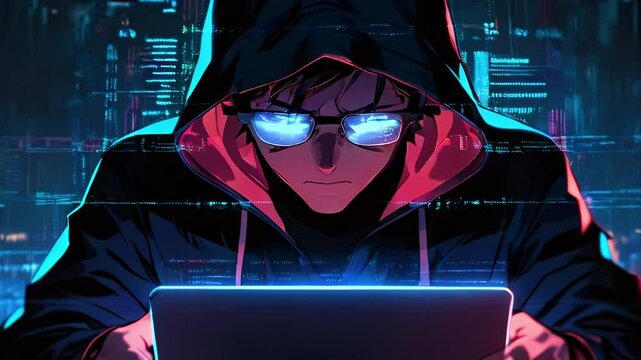 Portrait of hacker in anime style near glowing laptop. Unrecognizable computer spy in glasses and hood steals digital information, push in shot.