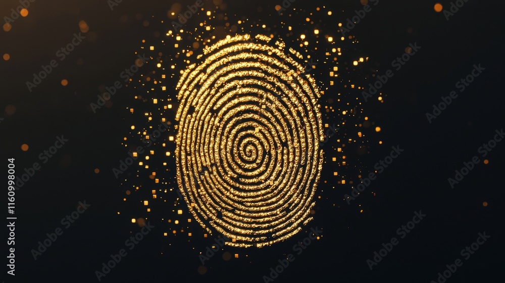 Poster golden fingerprint with sparkles on dark background for security themes