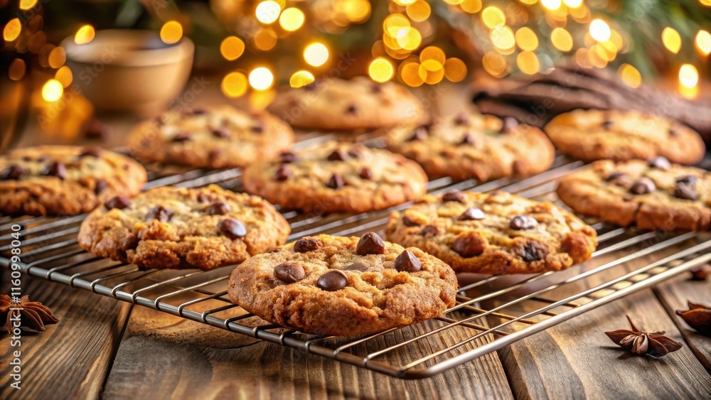 Poster golden brown chocolate chip cookies cooling on a wire rack with festive bokeh lights in the backgrou