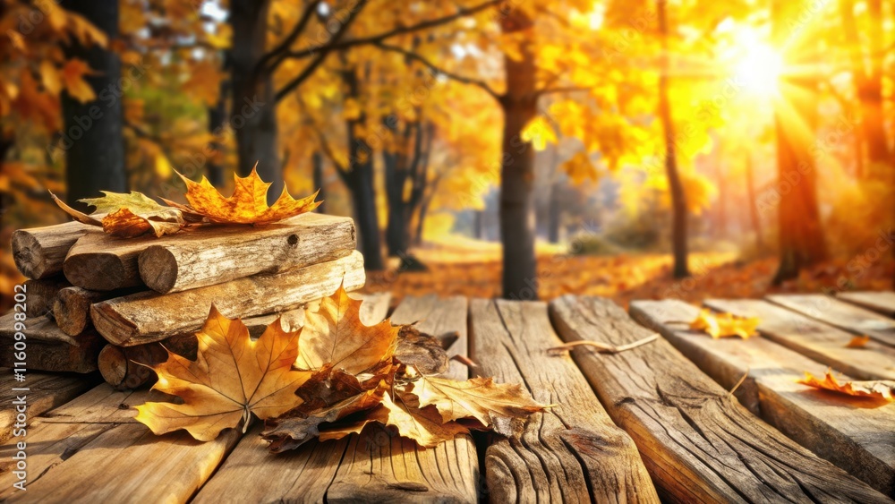 Poster rustic wooden tabletop in a golden autumn forest with fallen leaves and sunlight shining through the
