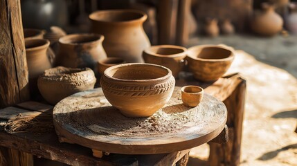 A wooden pottery wheel, reminiscent of ancient techniques, used for making replicas.