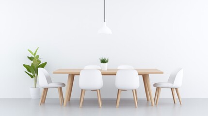 Modern dining area with a wooden table and white chairs.