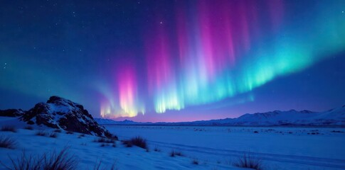 Crystalblue aurora bursts from magenta nebula, vibrant night sky , digital art, interstellar