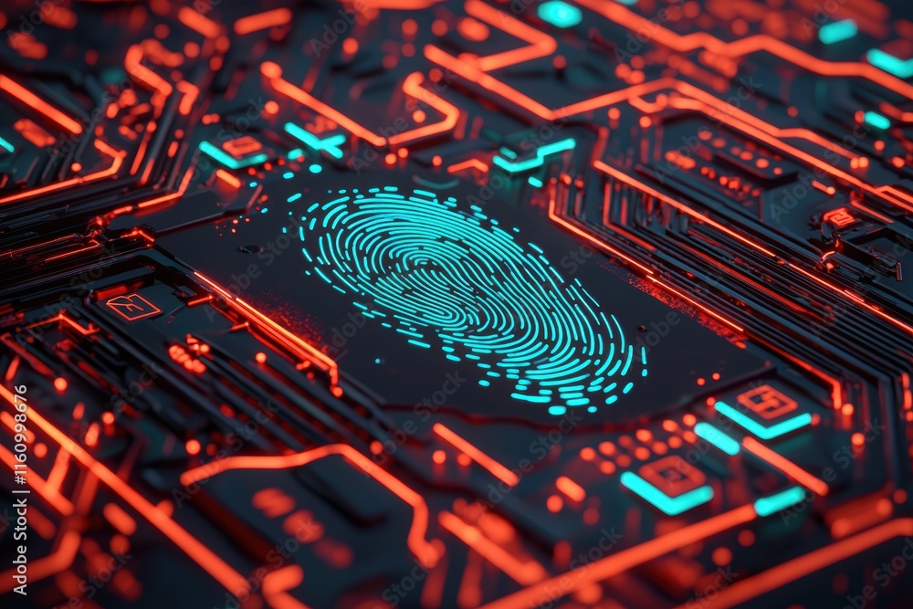 Poster abstract technology background with neon fingerprint and circuitry