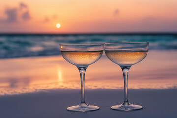 Set of two elegant coupe glasses with rose sparkling wine on the sunset sandy beach