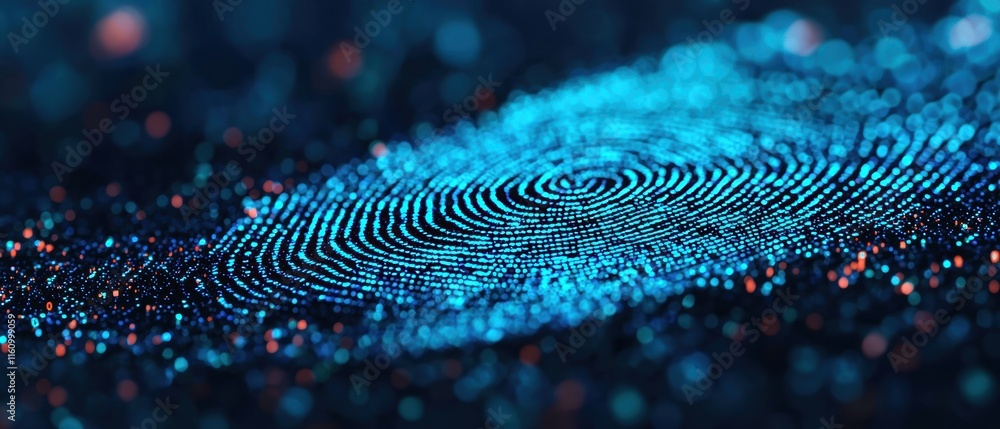 Poster digital blue fingerprint with sparkling particles on dark background