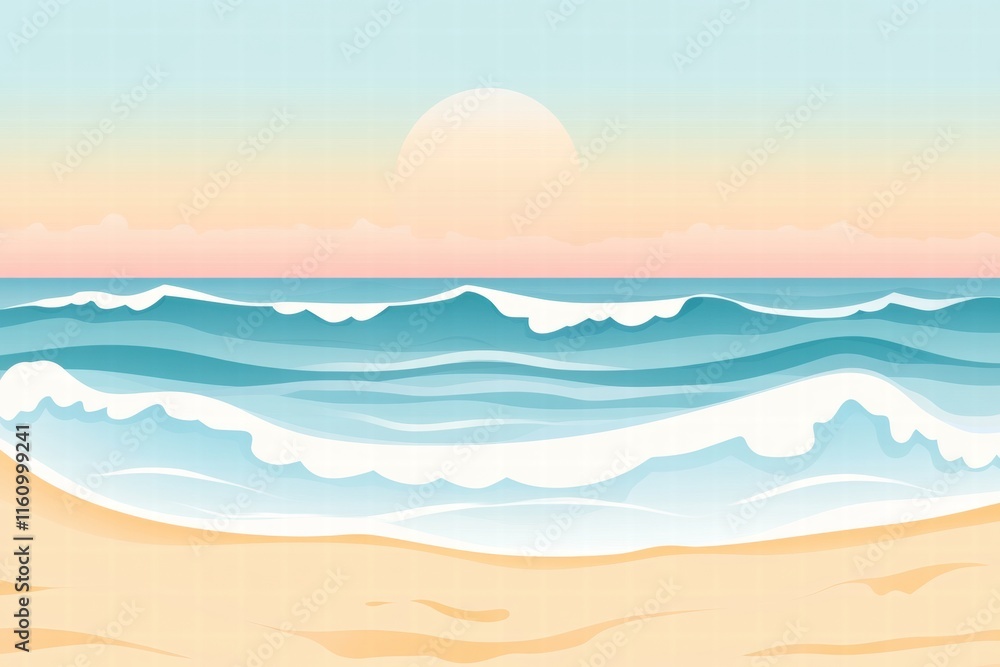 Poster serene beach with gentle waves at sunset creating a peaceful atmosphere for relaxation and contempla
